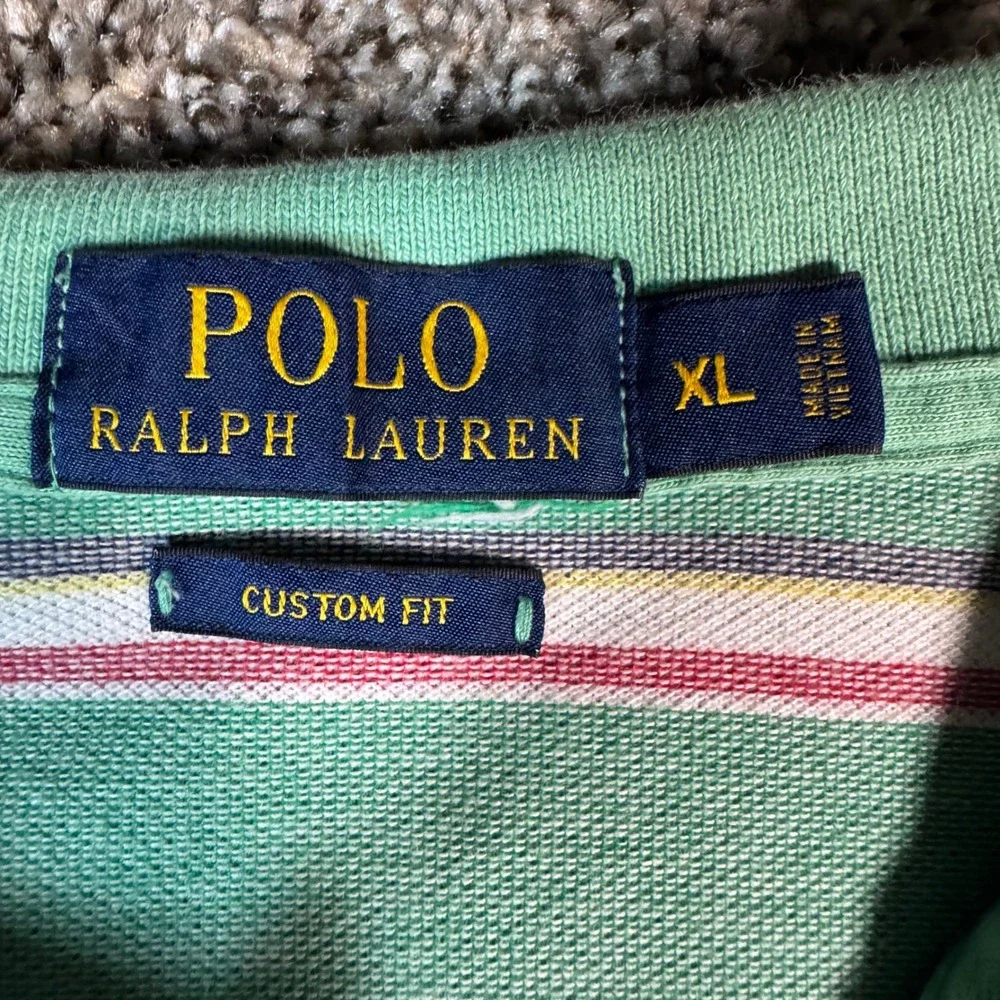 Polo Ralph Lauren Mens XL Custom Fit Striped Polo Shirt Green Pink Tennis Tail